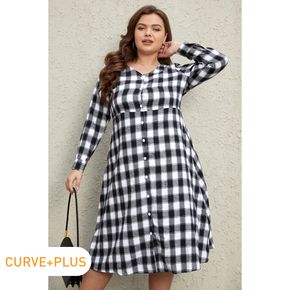 Women Plus Size Casual V Neck Button Design Plaid Dress