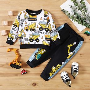 2pcs Baby Boy All Over Excavator and Letter Print Long-sleeve Sweatshirt with Trousers Set