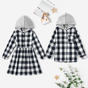 Sibling Matching Black and White Plaid Long-sleeve Splicing Hooded Sets