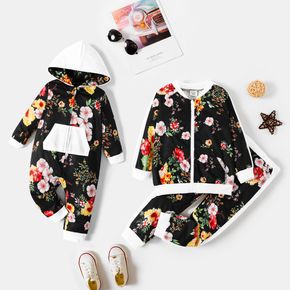 Sibling Matching All Over Floral Print Black Long-sleeve Sets