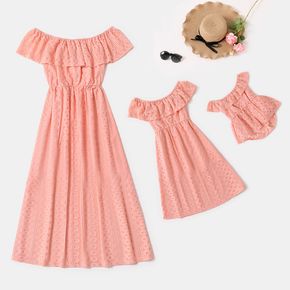 Pink Textured Off Shoulder Sleeveless Ruffle Midi Dress for Mom and Me
