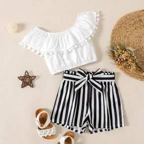 2-piece Toddler Girl Pompom Design Flounce Off Shoulder White Tee and Belted Stripe Shorts Set