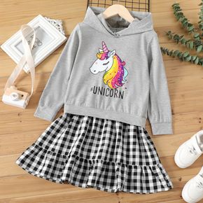 Kid Girl Faux-two Letter Unicorn Print Plaid Splice Long-sleeve Sweatshirt Dress