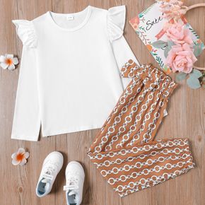 2-piece Kid Girl Ruffled Long-sleeve White Tee and Allover Print Bowknot Design Pants Set