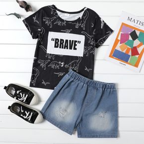 2-teiliges schwarzes T-Shirt mit Buchstaben-Dinosaurier-Print und elastische zerrissene Jeans-Shorts für Kinder