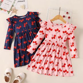 Toddler Girl Ruffled Cherry Print Long-sleeve Dress