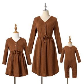 Brown Cable Knit V Neck Button Long-sleeve Dress for Mom and Me