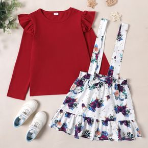 2-piece Kid Girl Ruffled Long-sleeve Red Tee and Floral Print Suspender Skirt Set
