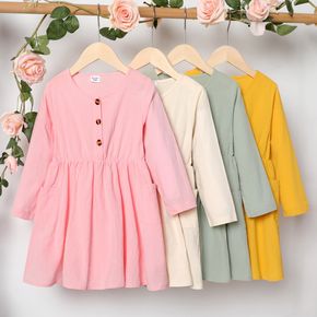 Kid Girl 100% Cotton Button Pocket Design Long-sleeve Solid Color Dress
