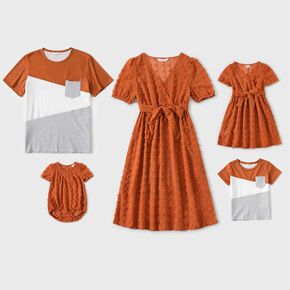 Family Matching Cross Wrap V Neck Swiss Dot Short Puff Sleeve Dresses and Colorblock T-shirts Sets