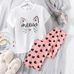 2-piece Kid Girl Letter Cat Print White Tee and Heart Print Pink Pants Set