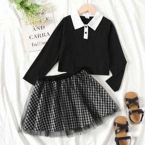 2-piece Kid Girl Long-sleeve Black Polo Shirt and Mesh Design Plaid Skirt Set