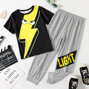 2-piece Kid Boy Lightning Print Short-sleeve Black Tee and Elasticized Letter Print Grey Pants Set