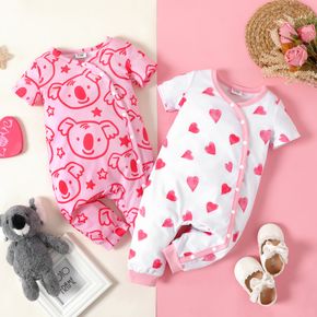 Baby Girl ganz in Rosa mit Liebesherz/Tierdruck Kurzarm-Druckknopf-Jumpsuit