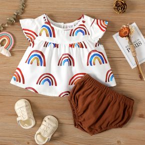 2-teiliges Baby-Mädchen-Oberteil mit Flügelärmeln und 100 % Baumwoll-Shorts im Regenbogen-Print
