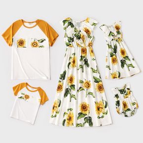 Family Matching Sunflowers Floral Print Cross Wrap V Neck Sleeveless Ruffle Dresses and Short Raglan-sleeve Splicing T-shirts Sets