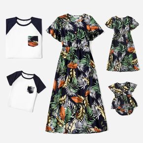 Family Matching All Over Leaves Print Round Neck Short-sleeve Dresses and Raglan-sleeve T-shirts Sets