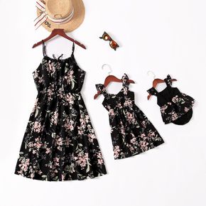 All Over Floral Print Black Sleeveless Spaghetti Strap Dress for Mom and Me