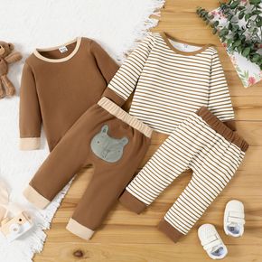2pcs Baby Boy/Girl Solid/Striped Long-sleeve Top and Trousers Set