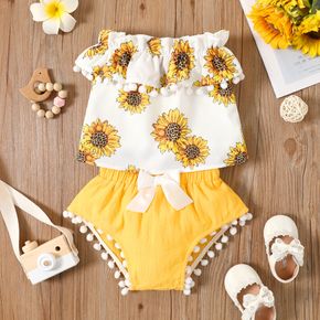 2pcs Baby Girl Sunflower Floral Print Off Shoulder Pom Poms Ruffle Top and 100% Cotton Shorts Set