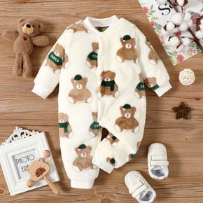 Teddy Bear Allover Fluffy Long-sleeve Brown Baby Jumpsuit