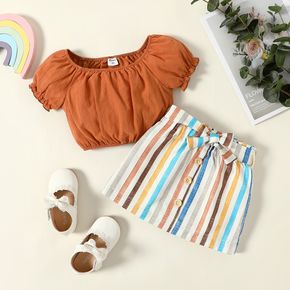 2-piece Toddler Girl Ruffled Short-sleeve Tee and Stripe Button Design Belted Skirt Set