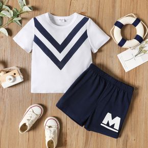 2-piece Toddler Boy Chevron Stripes White Tee and Letter Print Dark Blue Shorts Set