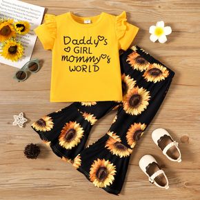 Father's Day 2-piece Toddler Girl Letter Print Ruffled Short-sleeve Tee and Floral Print Flared Pants Set