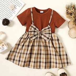 Toddler Girl Faux-two Bowknot Design Plaid Splice Short-sleeve Dress