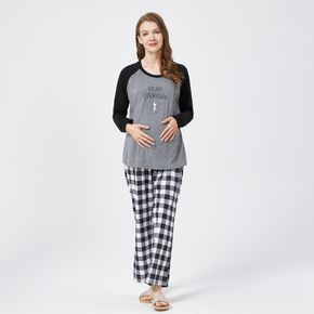 Maternity Letter Print Long-sleeve Tee and Buffalo Plaid Pants Pajamas Lounge Set