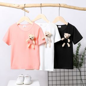 Kid Girl Casual Pocket Design Solid Color Short-sleeve Tee (Bear Doll is included)