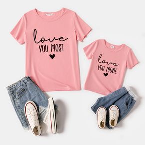 Love Heart and Letter Print Pink Short-sleeve T-shirts for Mom and Me