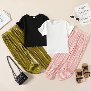 2-piece Kid Girl Solid Color Short-sleeve Tee and Metallic Pleated Pants Set