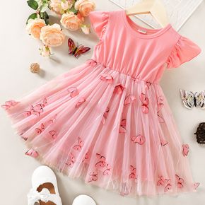 Toddler Girl 3D Butterfly Design Mesh Splice Flutter-sleeve Pink Dress