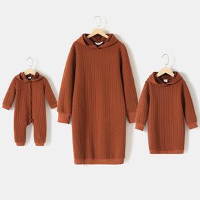 Solid Coffee Textured Long-sleeve Hoodie Dress for Mom and Me