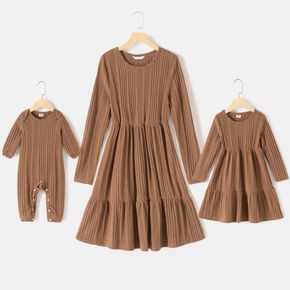 Coffee Knitted Ribbed Round Neck Long-sleeve Dress for Mom and Me