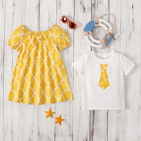 Sibling Matching Geometric Print Short-sleeve Dress and Necktie Embroidered Cotton T-shirt Set