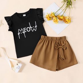 2-piece Kid Girl Letter Print Flutter-sleeve Black Tee and Bowknot Design Brown Shorts Set