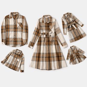 Family Matching Plaid Long-sleeve Belted Dresses and Shirts Sets