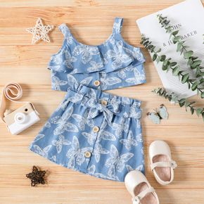 2pcs Baby Girl All Over Butterfly Print Imitation Denim Sleeveless Ruffle Crop Tank Top and Belted Skirt Set