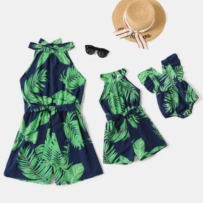 All Over Green Palm Leaves Print Halter Neck Sleeveless Belted Romper for Mom and Me