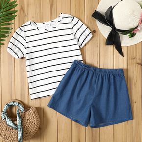 2-piece Kid Girl Stripe Short-sleeve Tee and Denim Shorts Set