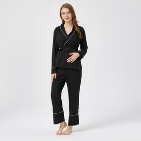 Maternity Contrast Striped Trim Long-sleeve Belted Pajamas Lounge Set
