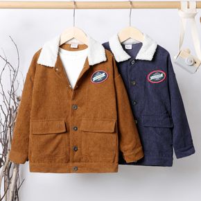 Kid Boy Letter Embroidered Fuzzy Lapel Collar Button Design jacket Coat