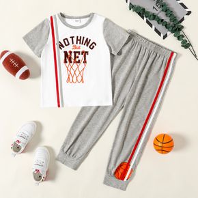 2-piece Kid Boy Letter Basketball Print Striped Tee and Elasticized Pants Sporty Set