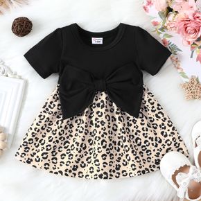 Baby Girl Black Short-sleeve Bowknot Splicing Leopard Dress