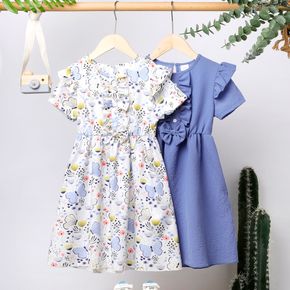 Kid Girl Ruffled Floral Print/Blue Bowknot Design Short-sleeve Dress