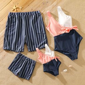 Family Matching Striped Swim Trunks and Splicing One-piece Swimsuit