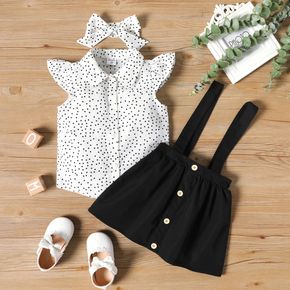 3-piece Toddler Girl Polka dots Flutter-sleeve Blouse, Button Design Suspender Skirt and Headband Set