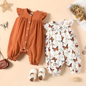 Baby Girl 100% Cotton Brown/White Butterfly Print Flutter-sleeve Snap Romper
